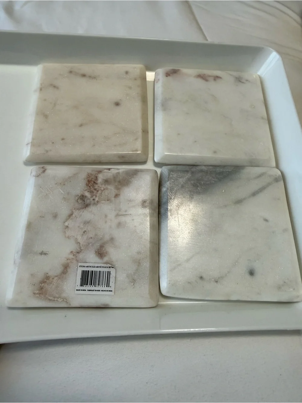 Set of 4 White Marble Square Coasters - Natural Beige Veining